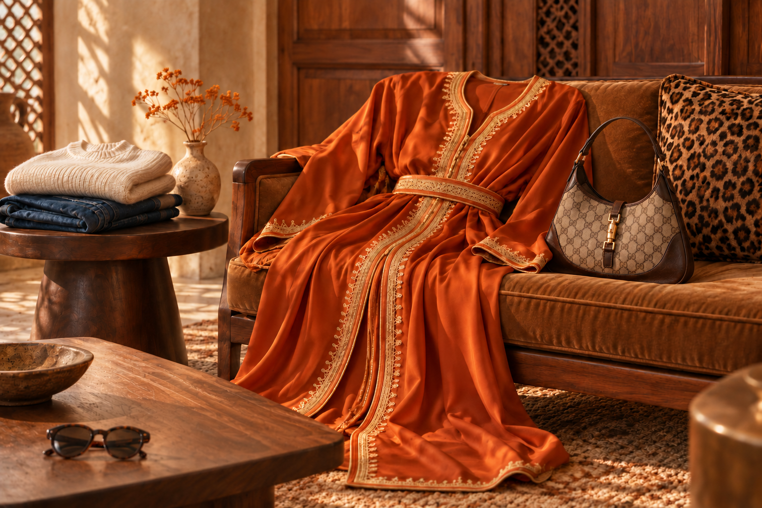 Caftan orangé et accessoires de mode dans un décor boisé avec une touche léopard